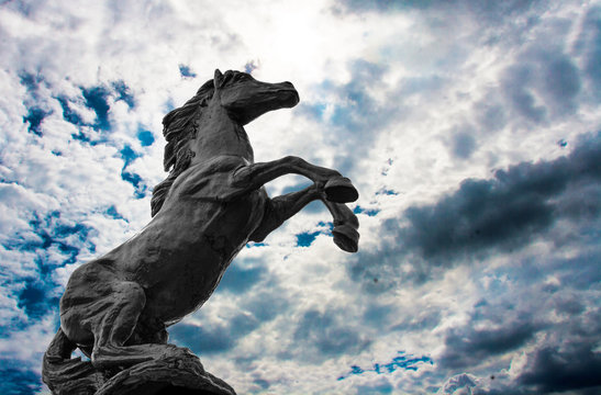 Statues black hourses on sky background