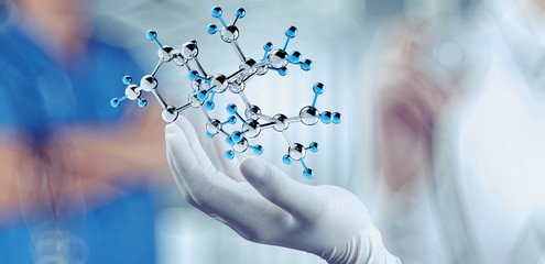 scientist doctor hand holds virtual molecular structure in the l - obrazy, fototapety, plakaty
