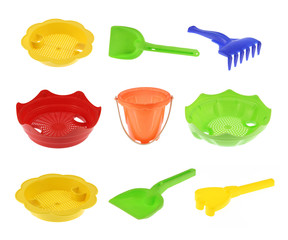 Collection of colorful beach toys for children sandboxes