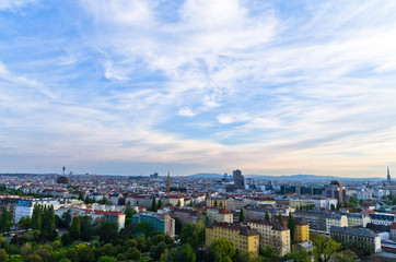 Fototapeta na wymiar Vienna cityscape at sunset, different ages, styles and colors