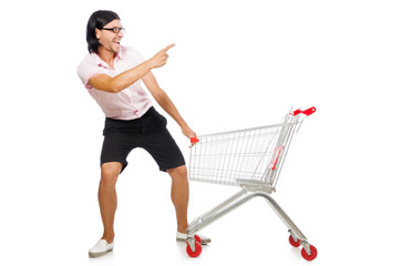 Man shopping with supermarket basket cart isolated on white