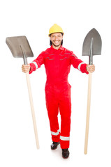 Man in red coveralls with spade