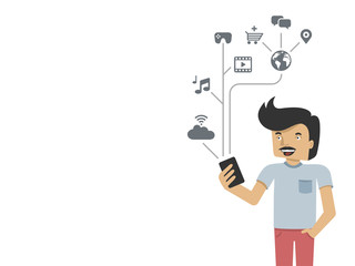 young hipster using phone - copyspace background