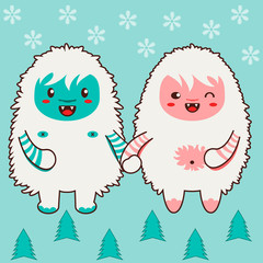 Happy yeti couple. Single tile of a vector pattern or texture