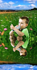 boy using inhaler for asthma with landscape