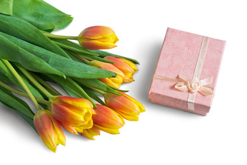 Bouquet of Tulips and Pink Gift Box