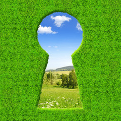 Green keyhole. On the background spring landscape