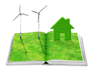 Eco book with green house icon and wind turbines