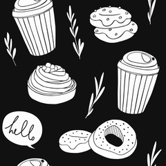 Coffee and sweets background. Cute seamless pattern