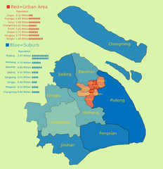 Naklejka premium Shanghai map with districts territory and population conditions