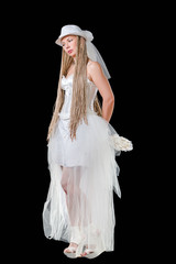 Beautiful blond woman in white dress