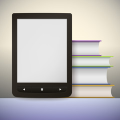 Electronic book reader with a stack of books. You may add your