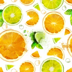 Tapeten Aquarellfrüchte Fruchtnahtloses Muster von Orangen- und Limettenscheiben