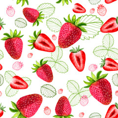 Fototapety  Strawberry seamless patterns sliced ​​fruit leaves watercolors