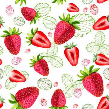 Strawberry seamless patterns sliced ​​fruit leaves watercolors