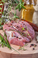Fresh meat with pepper, mint, rosemary, thyme and spices