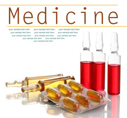 Medical ampules, pills and syringes, isolated on white