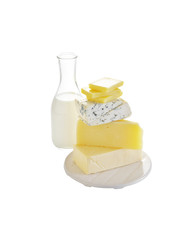 cheese and milk in ceramic dish on white background
