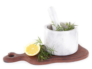 Estragon with lemon in mortar pounder