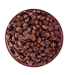Coffee beans in big lilac bowl isolated on white