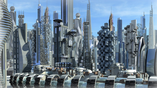 Fantasy city with metallic structures for futuristic backgrounds