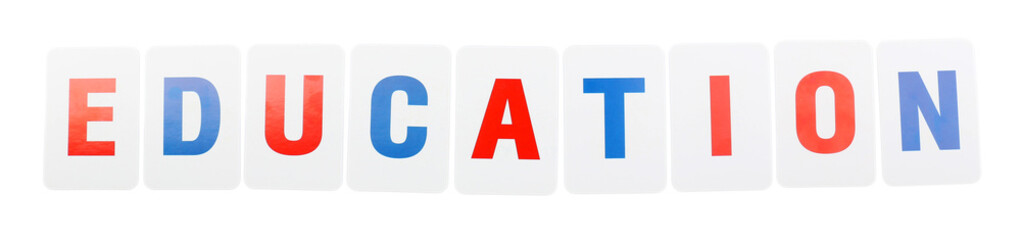 Education word formed by educational paper cards isolated