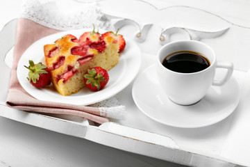 Fototapeta na wymiar Delicious breakfast with coffee and tasty pie