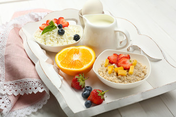 Delicious breakfast on table, close up