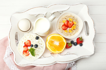 Delicious breakfast on table, close up