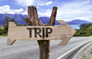 Trip wooden sign with a street background