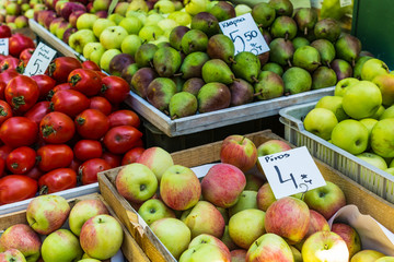 Fruits and vegetables for sale at local market in Poland.