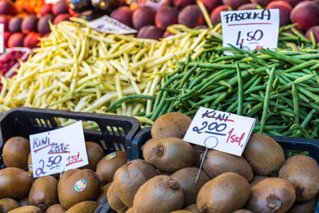 Fruits and vegetables for sale at local market in Poland.