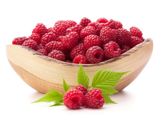 raspberries in wooden bowl