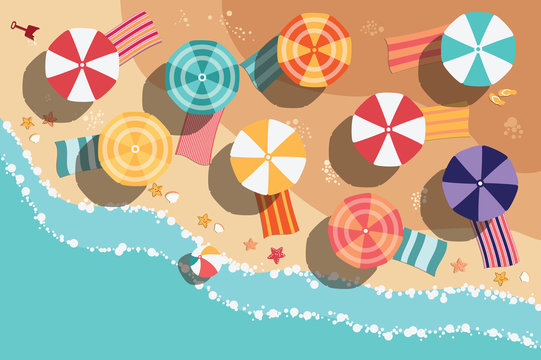 Summer beach in flat design, aerial view, sea side and umbrellas