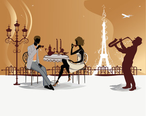 Romantic couple drinking coffee in the Paris restaurant