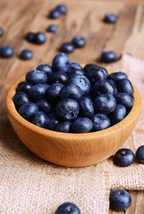 Delicious blueberries in bowl on table close-up