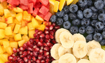 Sliced fruits on plate on wooden table