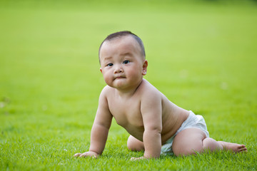 Lawn crawling baby in the park