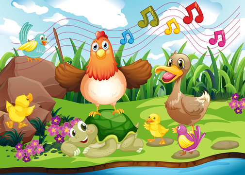 Animals singing at the riverbank