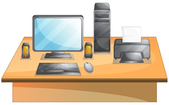 computer desk setup with monitor and printer clip art preview