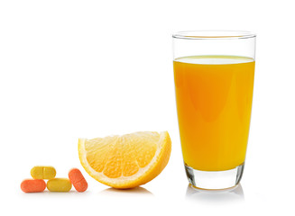 Fresh orange and glass with juice and vitamin c isolated on whit