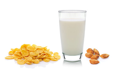 cornflake milk and almond isolated on white background