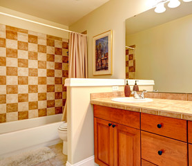 Bathroom with checker board style wall trim