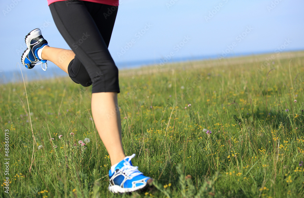 Poster Runner athlete legs running on grass