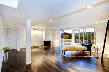 Living room interior with couch and fireplace
