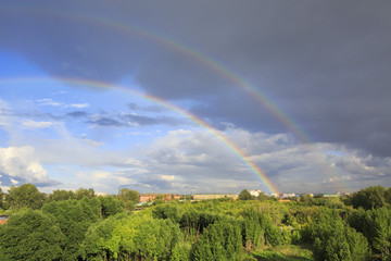 Beautiful double rainbow over the city.