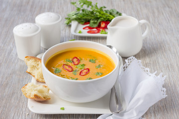 Vegetarian pumpkin soup with coconut milk
