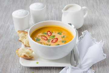Vegetarian pumpkin soup with coconut milk