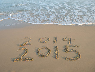 Year 2014 hand written on the white sand in front of the sea