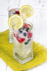 mineral water with fruit frozen in ice cubes